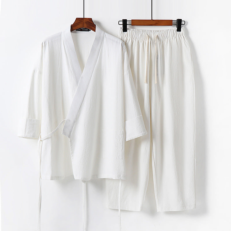 Unisex Leichtes Kimono-Lounge-Set aus weichfallendem Baumwoll-Mix mit Tunnelzughose Drune