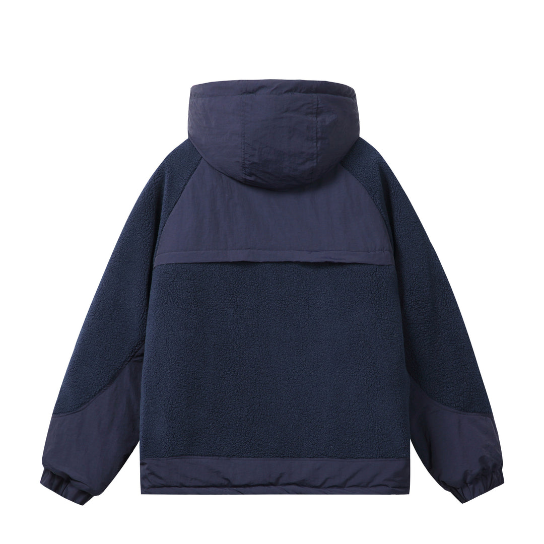 Unisex Boxy-Fleecejacke mit Kapuze und kontrastierenden Nylon-Einsätzen Drune