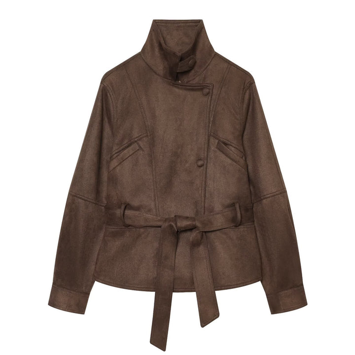 Damen Taillierte Kurzjacke aus weichem Veloursimitat mit asymmetrischer Knopfleiste und Bindegürtel Drune