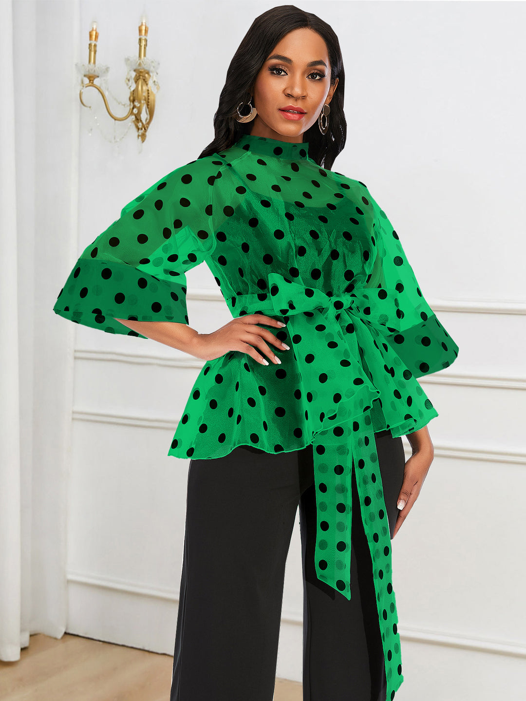 Damen Chiffonbluse mit transparentem Polka-Dots-Design und tailliertem Bindegürtel Drune