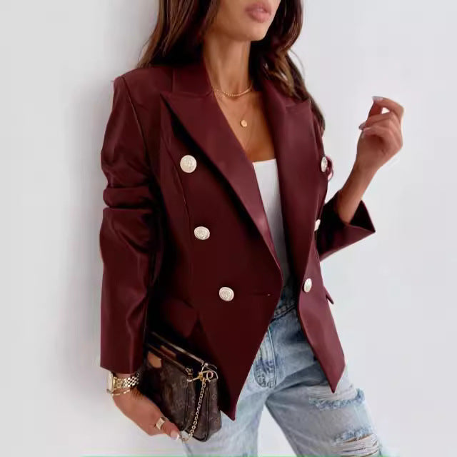 Damen eleganter Kunstleder Blazer mit doppelter Knopfleiste Drune