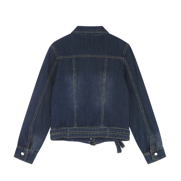 Damen kurze Denimjacke mit Taillengürtel, Druckknopf‑Front und aufgesetzten Brusttaschen Drune