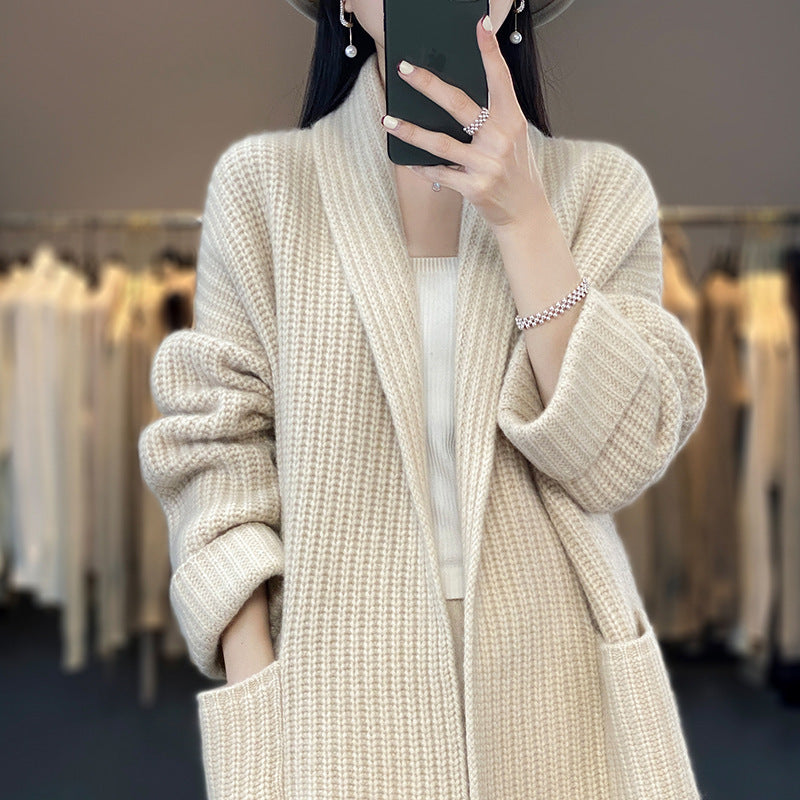 Damen Grobstrick Cardigan mit eleganten Revers und Taillengürtel Drune