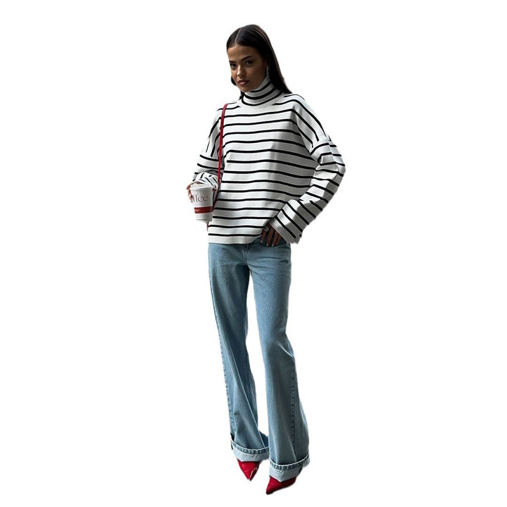 Damen Modischer Oversized Pullover mit Streifenmuster Drune