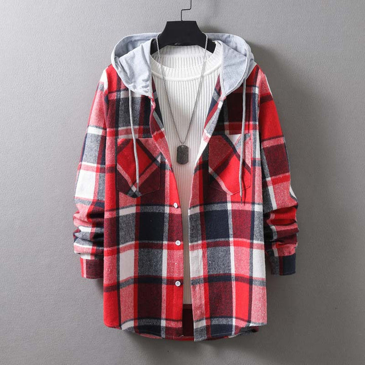 Herren lässige Flanell-Hemdjacke mit Kapuze und grafischem Karomuster Drune