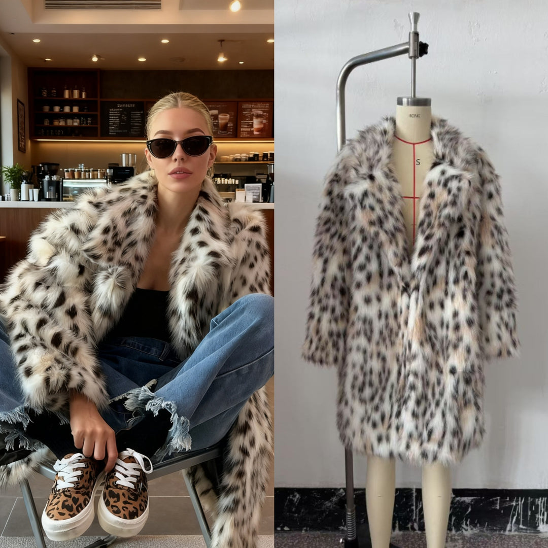 Damen Midimantel aus Kunstfell mit Leoparden‑Print, oversized Schnitt und Schalkragen Drune