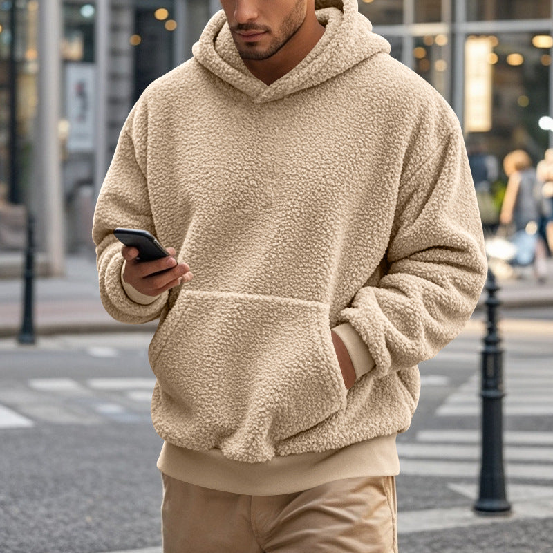 Herren Sherpa-Kapuzenpullover im Teddy-Fleece mit Kängurutasche und Rippbündchen Drune