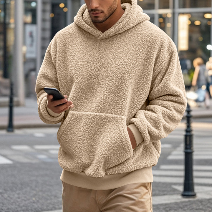 Herren Sherpa-Kapuzenpullover im Teddy-Fleece mit Kängurutasche und Rippbündchen Drune