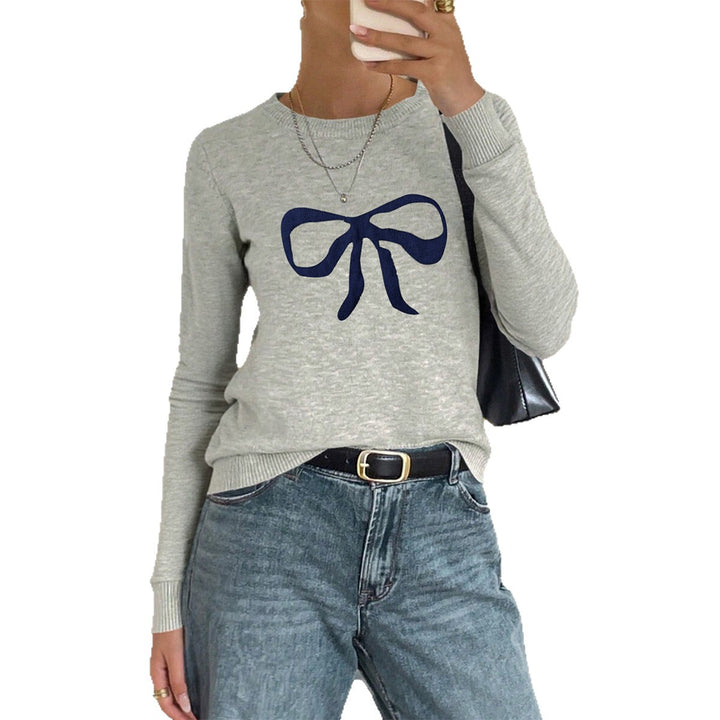 Damen nan Feinstrickpullover mit großem Schleifenprint, Rundhalsausschnitt und schmaler Passform Drune