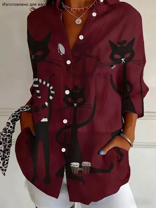 Damen Modische Hemdbluse mit einzigartigem Katzenmotiv Drune