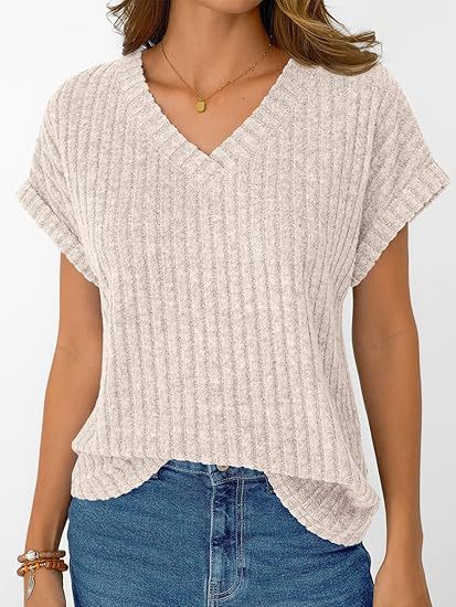 Damen lässiges V-Ausschnitt T-Shirt mit Streifenstruktur Drune