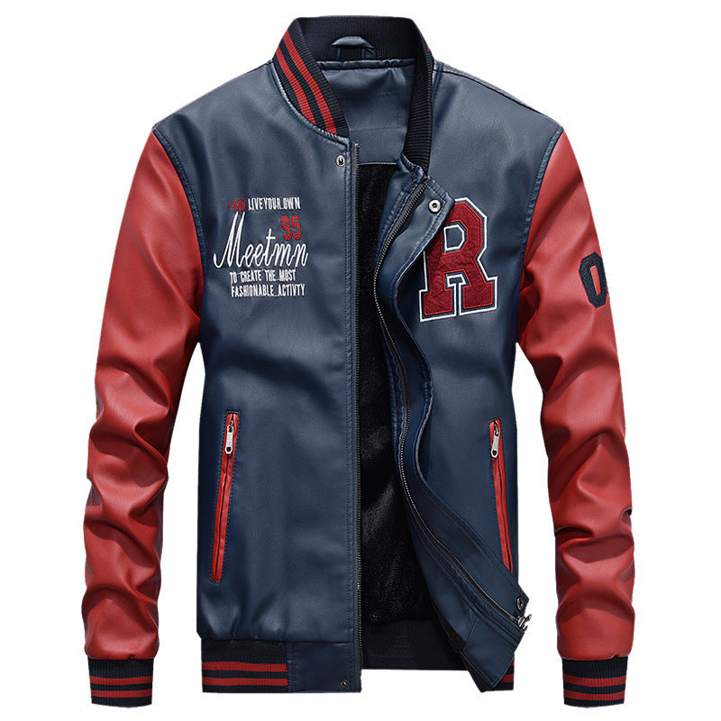 Herren Varsity-Bomberjacke im College‑Stil aus Kunstleder mit kontrastierenden Ärmeln und Stickpatches Drune