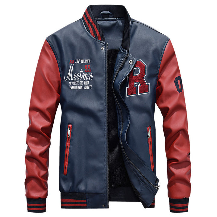 Herren Varsity-Bomberjacke im College‑Stil aus Kunstleder mit kontrastierenden Ärmeln und Stickpatches Drune