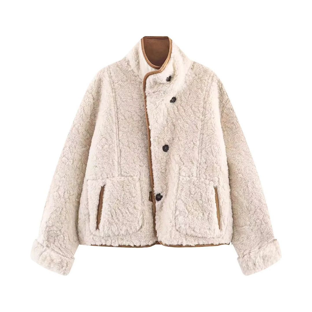 Damen Kurze Schaffelloptik-Jacke mit Stehkragen und großen aufgesetzten Taschen Drune