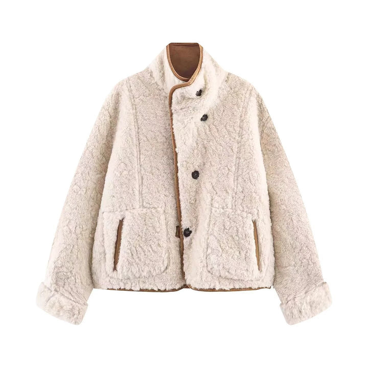 Damen Kurze Schaffelloptik-Jacke mit Stehkragen und großen aufgesetzten Taschen Drune
