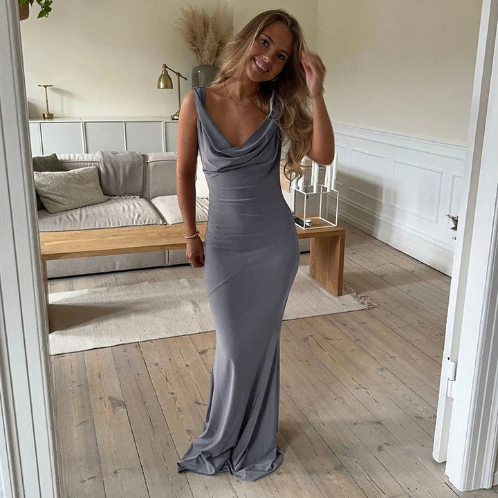 Damen Elegantes Maxikleid mit verführerischem V-Ausschnitt und fließendem Schnitt Drune
