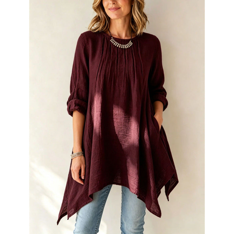 Damen Lässige Long-Tunika mit Handtuchsaum, Kräusel-Biesen und Eingrifftaschen Drune