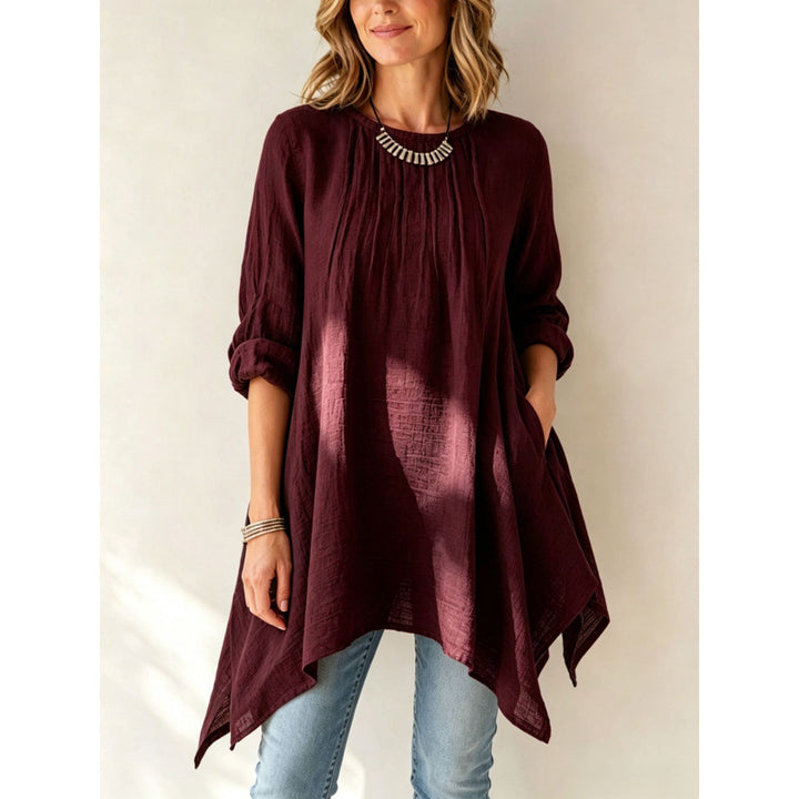Damen Lässige Long-Tunika mit Handtuchsaum, Kräusel-Biesen und Eingrifftaschen Drune
