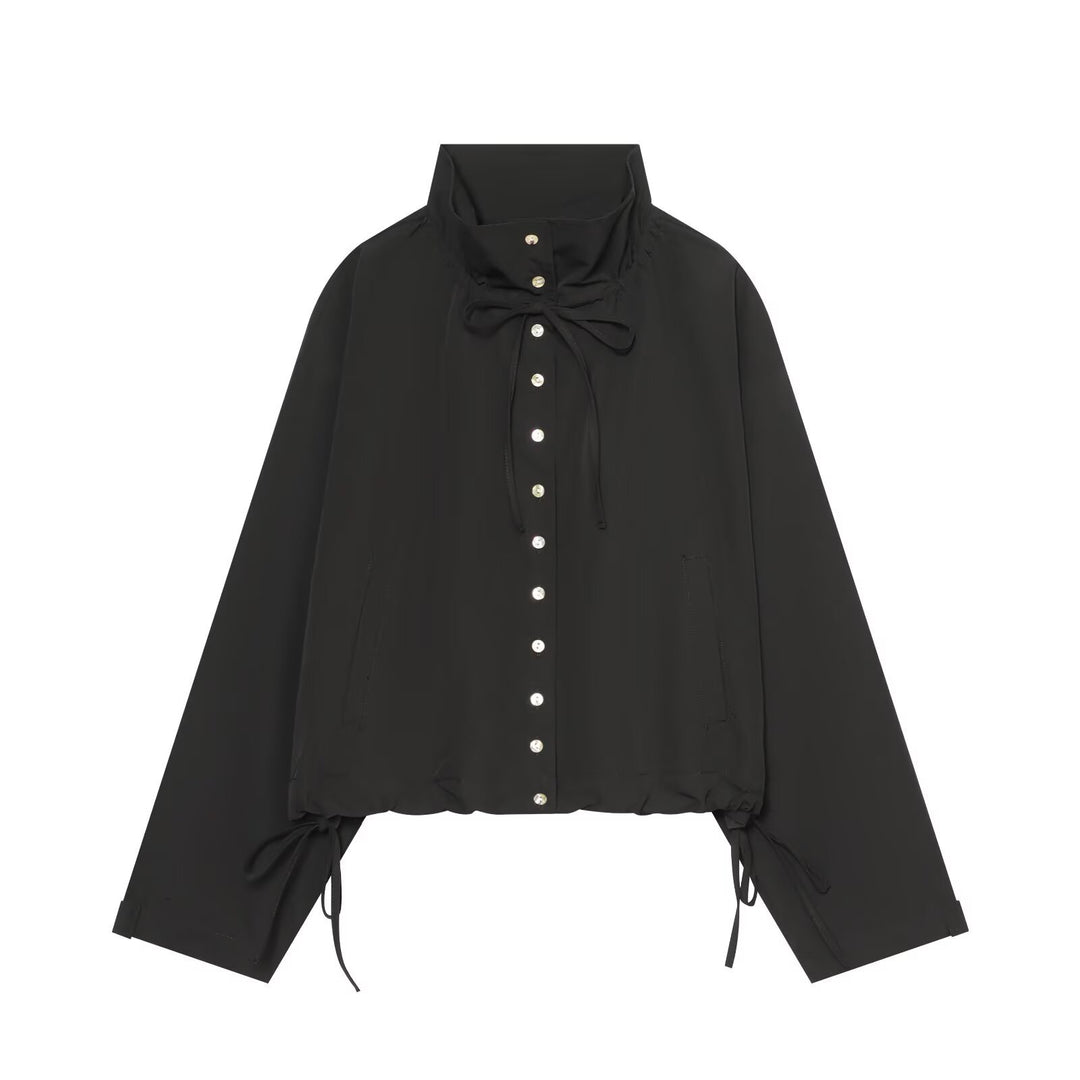 Damen Kurzer Cropped-Blouson mit hohem Stehkragen, Knopfleiste und Tunnelzugsaum Drune