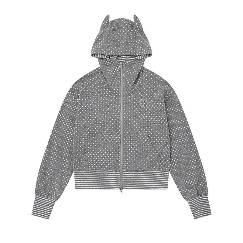 Damen Kapuzen‑Sweatjacke mit Reißverschluss, Ohr‑Applikation und Allover‑Pünktchen Drune