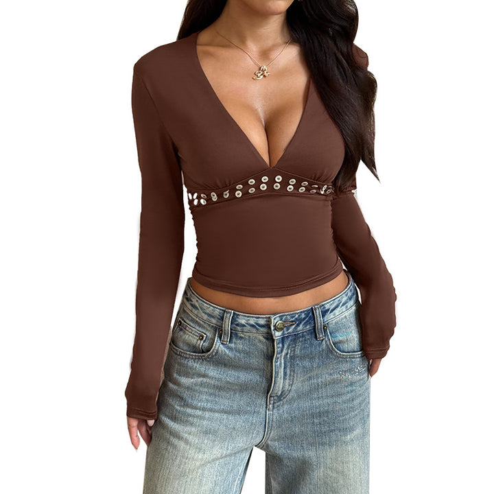 Damen elegantes Langarm-Top mit tiefem V-Ausschnitt und dekorativen Nieten Drune