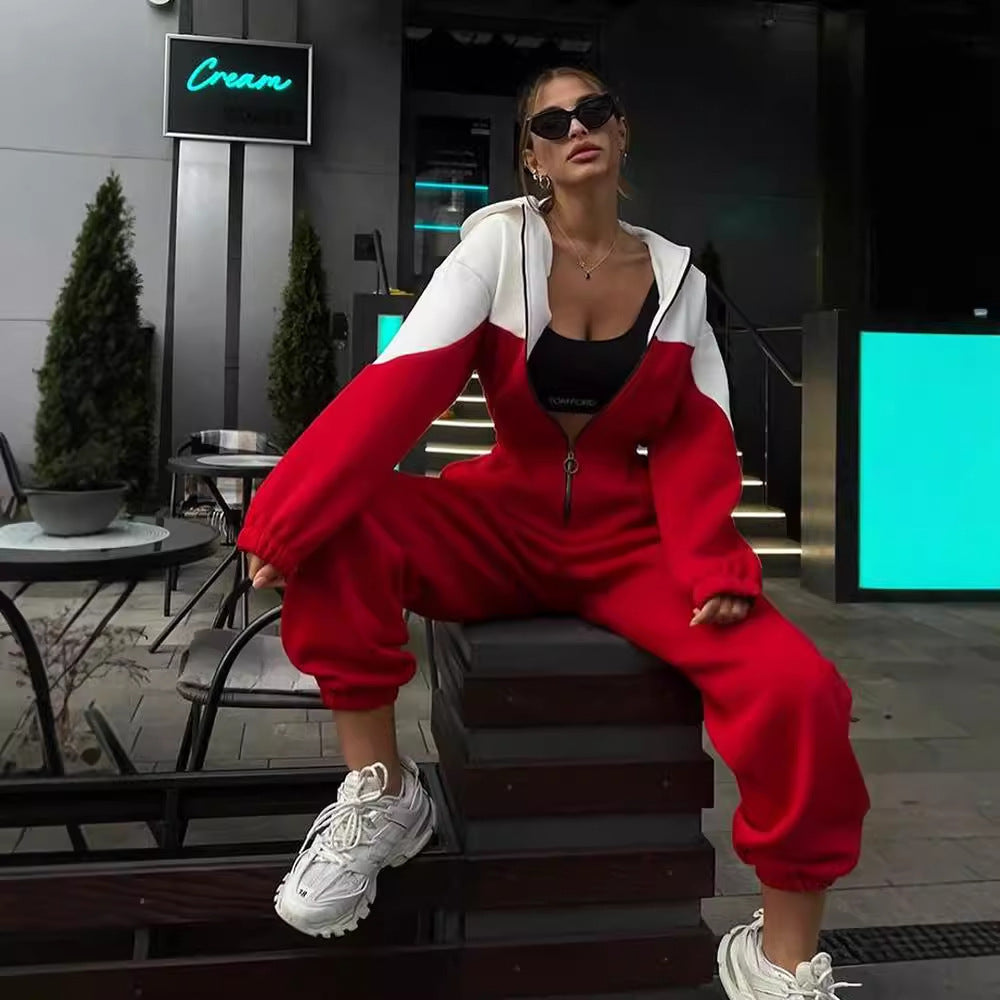 Damen modern geschnittener Zip-Hoodie und High-Waist Jogginghose Set Drune