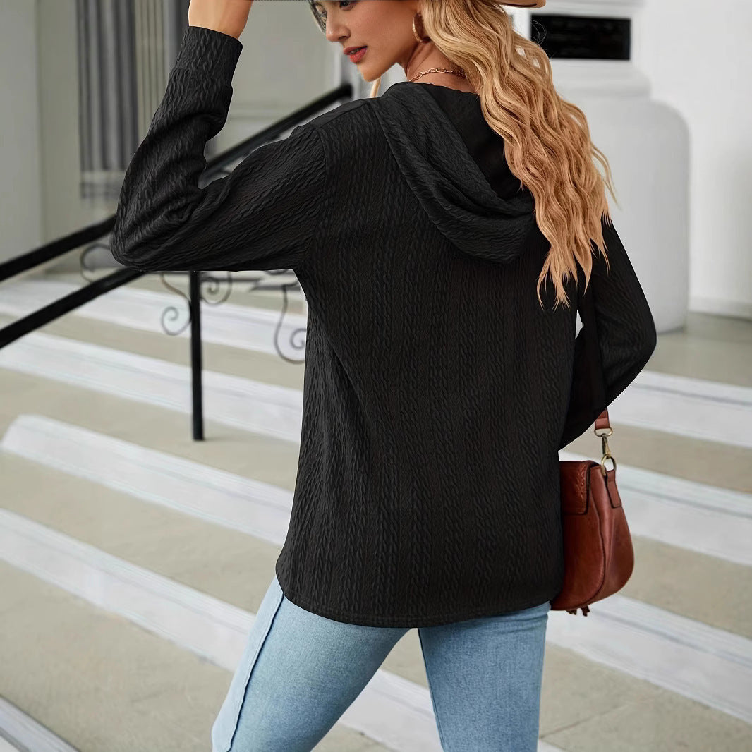 Damen lässiger Kapuzenpullover mit strukturiertem Gewebe und dekorativen Knopfdetails Drune