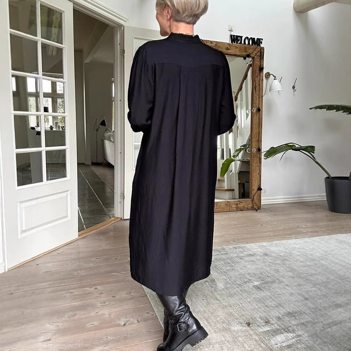 Damen nan lockeres Midikleid mit feiner Plissee-Optik, Stehkragen, kurzer Knopfleiste, gesmokten Manschetten und Eingrifftaschen Drune