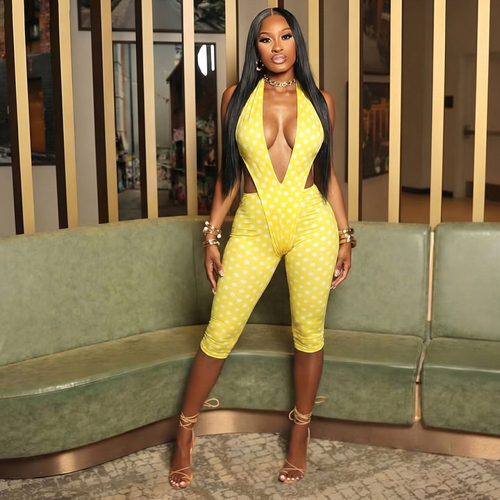 Damen figurbetonter Jumpsuit mit tiefem V-Ausschnitt und Bindegürtel Drune