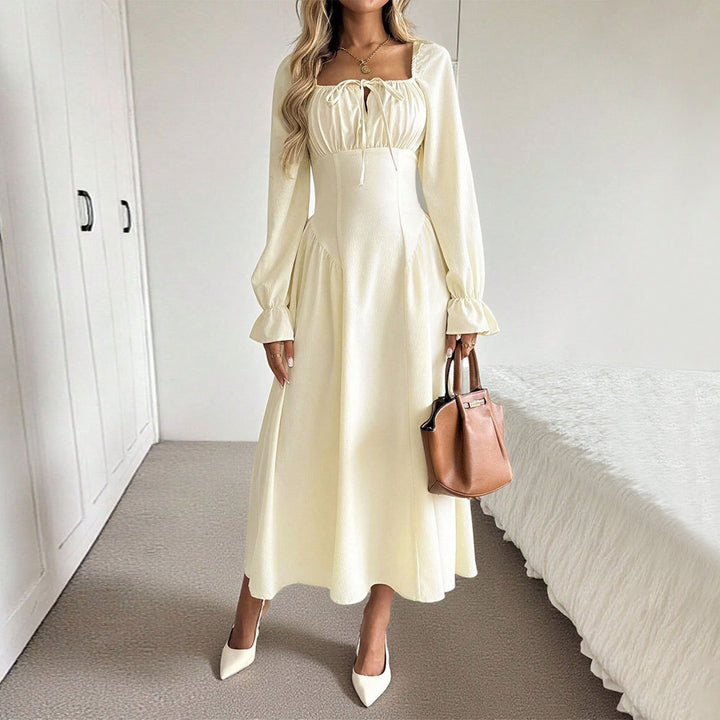 Damen romantisches Midikleid mit Korsagen-Taille, Quadratausschnitt und voluminösen Ärmeln Drune