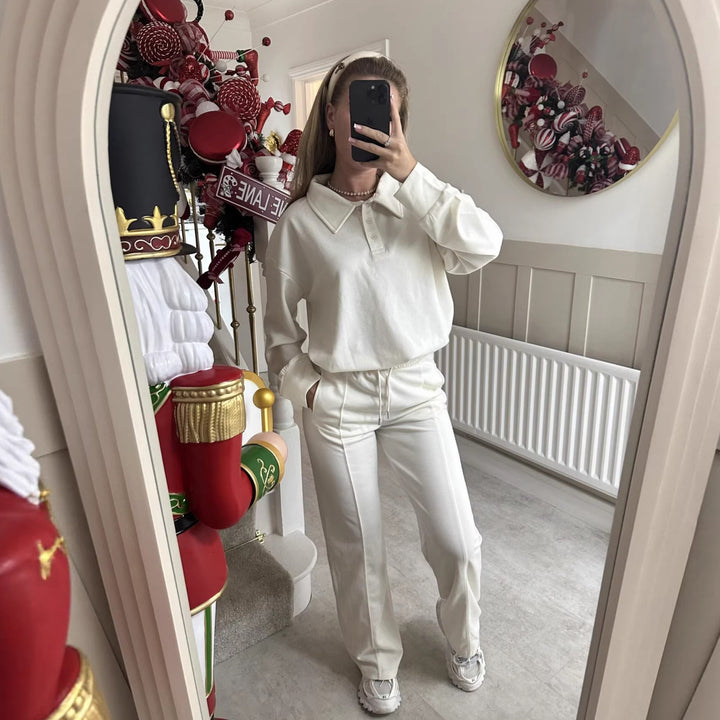 Damen eleganter Freizeitanzug mit hochgeschlossenem Kragen und weiten Hosen