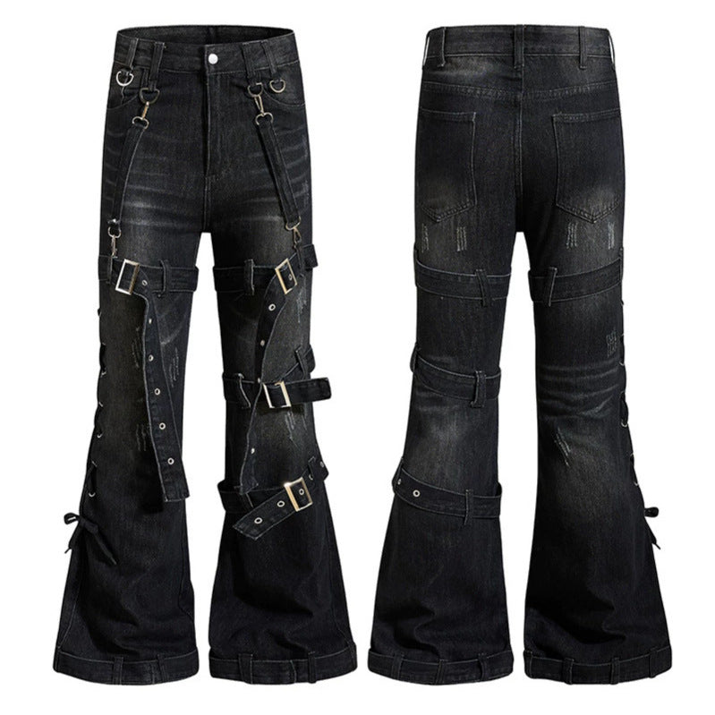 Damen Bondage-Flared-Jeans mit dekorativen Schnallen, Riemen und Used-Look Drune