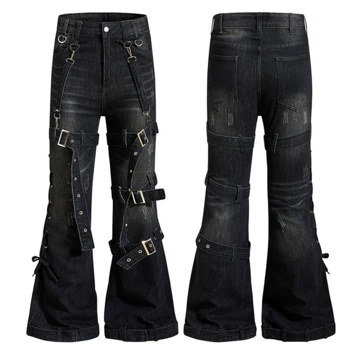 Damen Bondage-Flared-Jeans mit dekorativen Schnallen, Riemen und Used-Look Drune