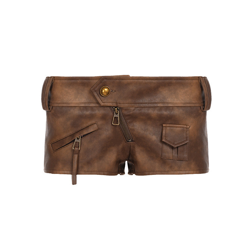 Damen Modische Shorts aus Kunstleder mit praktischen Taschen und dekorativen Reißverschlüssen Drune