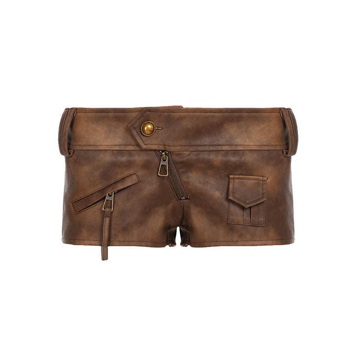 Damen Modische Shorts aus Kunstleder mit praktischen Taschen und dekorativen Reißverschlüssen Drune