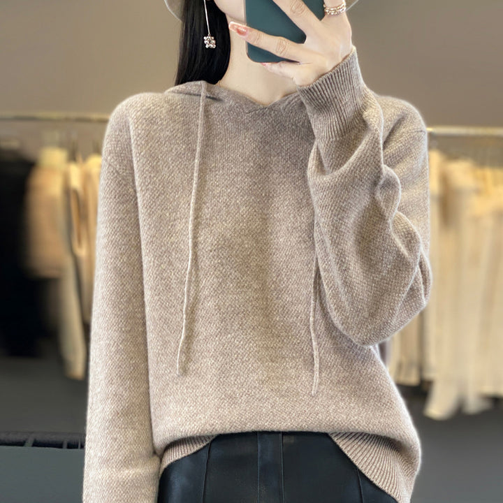 Damen weicher Feinstrick‑Kapuzensweater mit melierter Struktur und gerippten Bündchen Drune