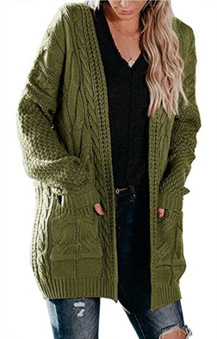 Damen Grobstrick Cardigan mit offenen Taschen und voluminösen Ärmeln Drune