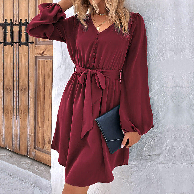 Damen V-Ausschnitt Kleid mit Bindegürtel, Knopfleiste & Ballonärmeln Drune