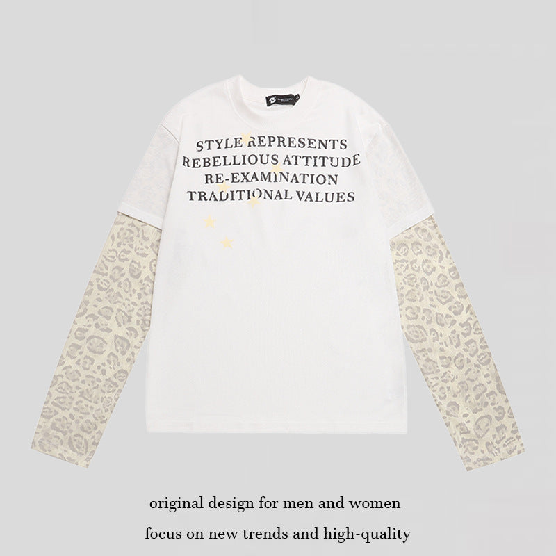 Damen Lagen-Langarmshirt mit Kontrastärmeln im Leo-Muster und Statement-Print Drune