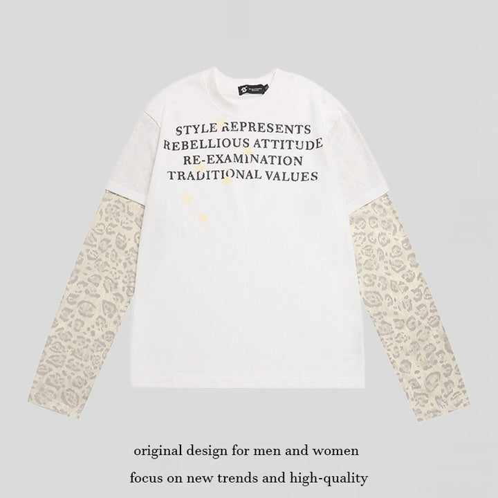 Damen Lagen-Langarmshirt mit Kontrastärmeln im Leo-Muster und Statement-Print Drune