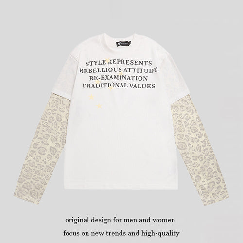 Damen Lagen-Langarmshirt mit Kontrastärmeln im Leo-Muster und Statement-Print Drune