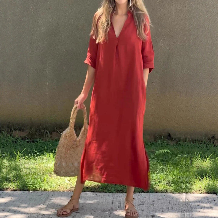 Damen lässiges Maxikleid mit V-Ausschnitt und Halbärmeln Drune