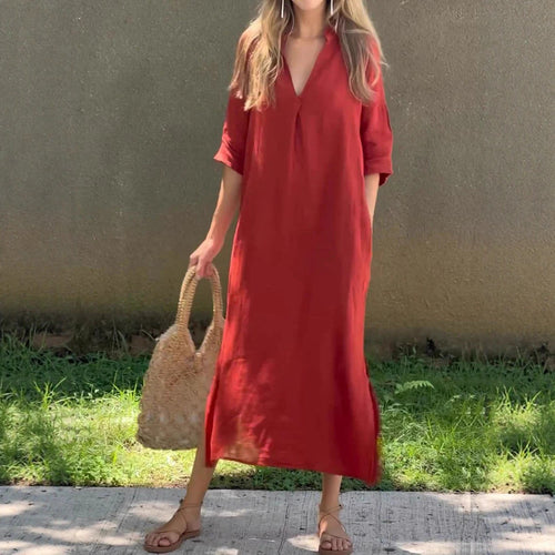 Damen lässiges Maxikleid mit V-Ausschnitt und Halbärmeln Drune