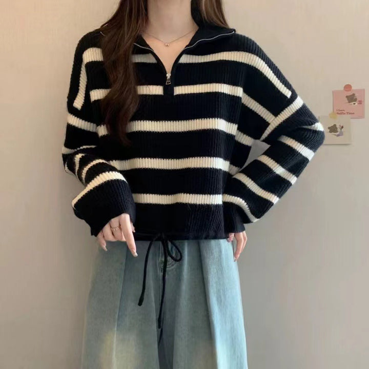 Damen Crop-Pullover mit hohem Kragen und Geflochtenem Saum Drune