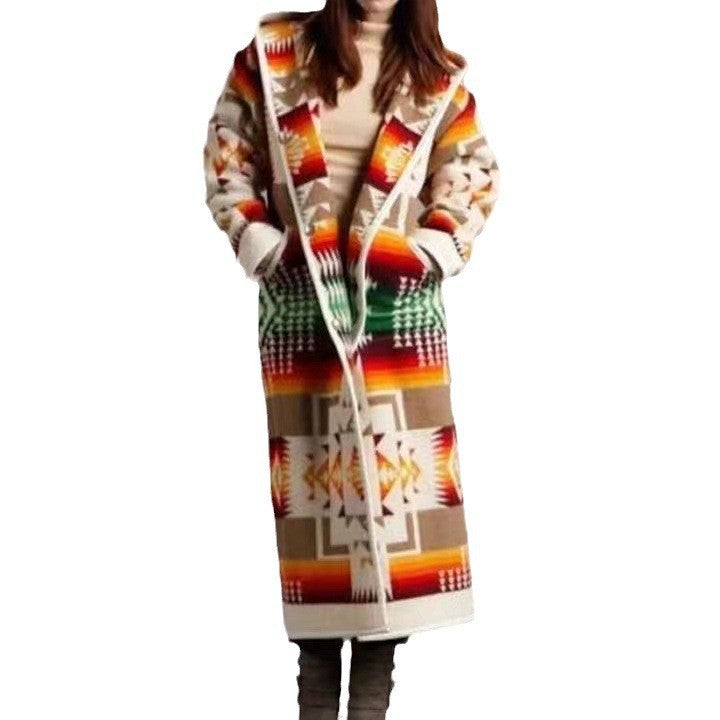 Damen Lange Strickjacke im bunten Ethno-Design und modernem Schnitt Drune