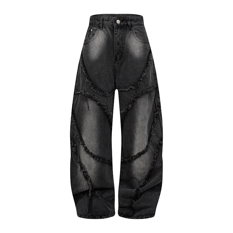 Damen Baggy-Jeans mit hohem Bund, ballonförmiger Weite und ausgefransten Patchnähten Drune