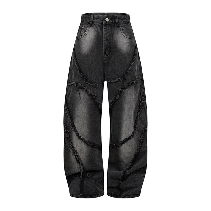 Damen Baggy-Jeans mit hohem Bund, ballonförmiger Weite und ausgefransten Patchnähten Drune