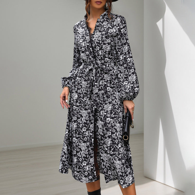Damen Midikleid mit Spitzenbesatz am Ausschnitt, verdeckter Knopfleiste, Taillenbindegürtel & floralem Allover-Print Drune