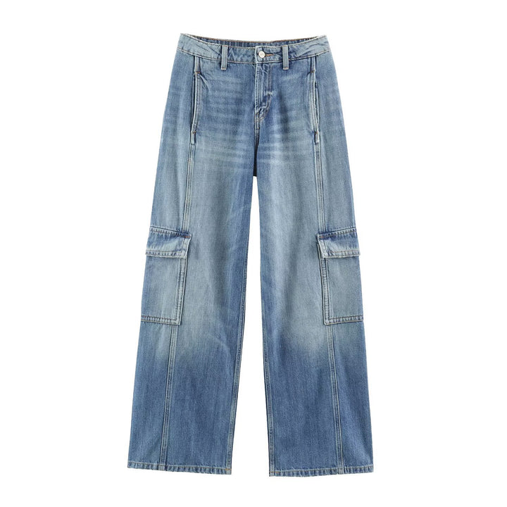 Damen Weite Cargo-Jeans mit hohem Bund, aufgesetzten Pattentaschen und Ziernähten Drune