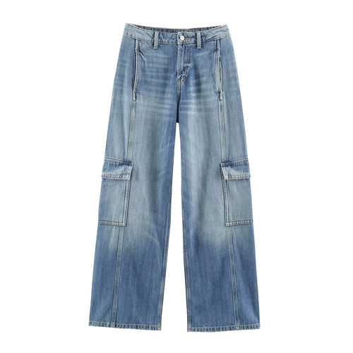 Damen Weite Cargo-Jeans mit hohem Bund, aufgesetzten Pattentaschen und Ziernähten Drune